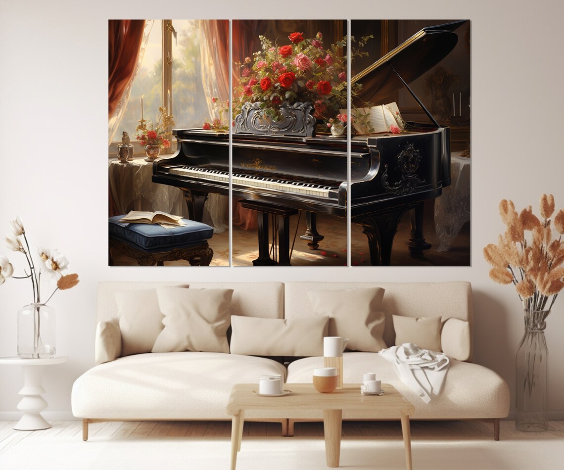 Vintage Grand Piano With Red Roses Elegant Music Room Painting Wall Poster - Image 3