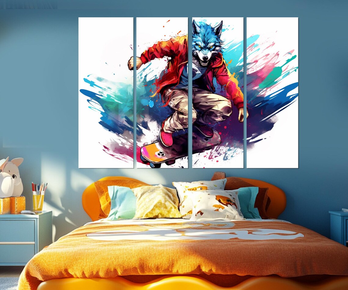 Wolf Skateboarder Pop Art Colorful Splash Teen Room Skate Wall Art Print - Image 2