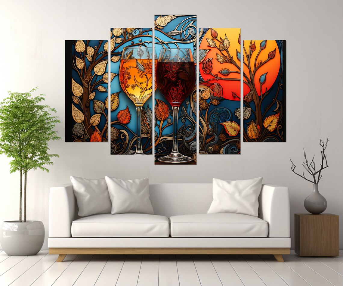 Two Wine Glasses Blue Background Golden Leaves Ornate Wall Poster - Image 2