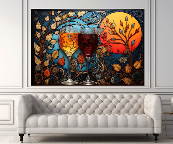 Two Wine Glasses Blue Background Golden Leaves Ornate Wall Poster
