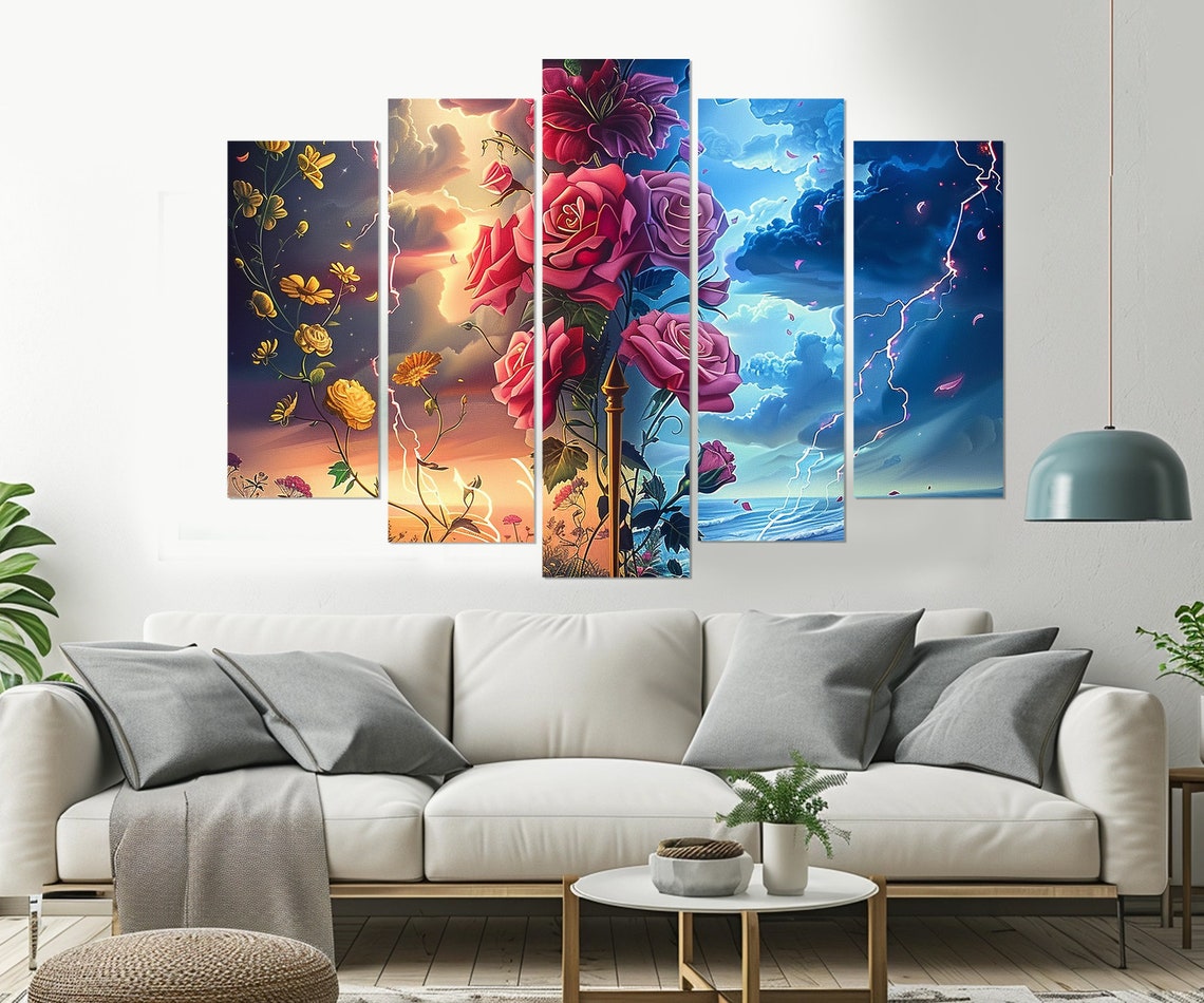 Duality Roses Lightning Sunset Storm Surreal Warm And Cold Wall Art - Image 2