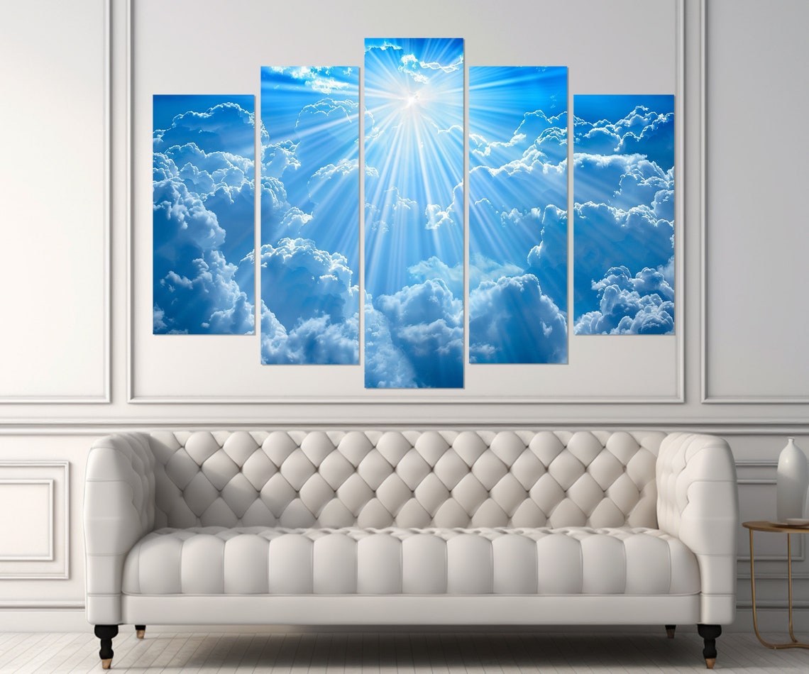 Heavenly Sun Rays Bursting Blue Clouds Triptych Divine Light Wall Art - Image 2