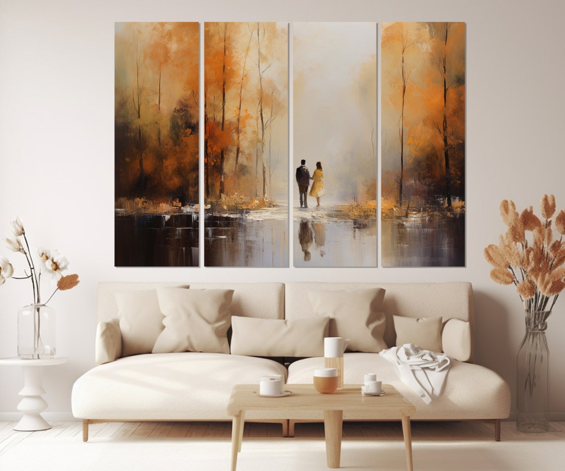 Romantic Couple In Misty Autumn Forest Lake Reflection Painting Poster - Image 2
