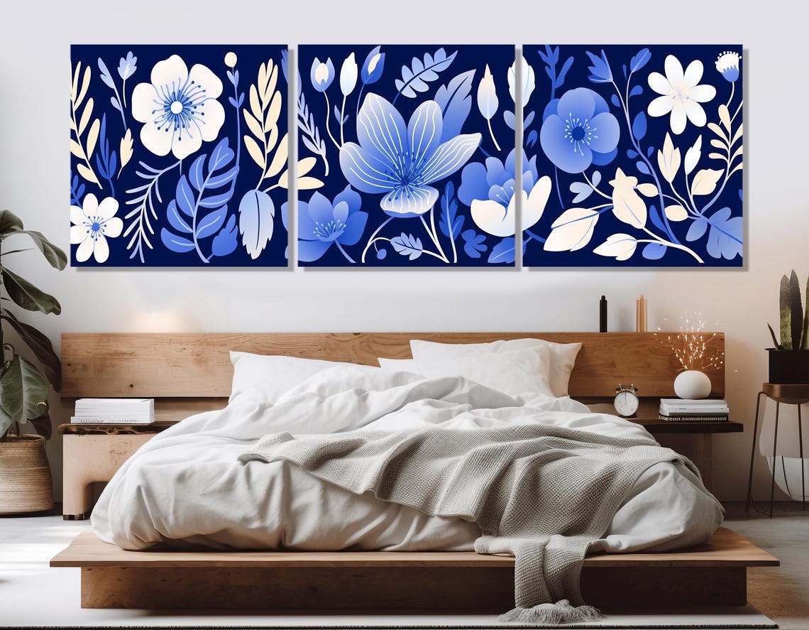 Navy Blue Botanical Floral White Cream Flowers Elegant Wall Art Poster - Image 4