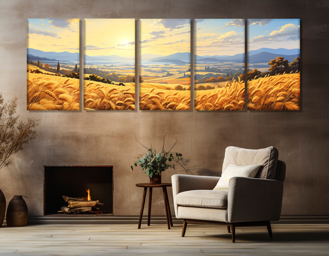 Golden Wheat Field Sunset Rolling Hills Panoramic Rustic Art Poster - Image 3