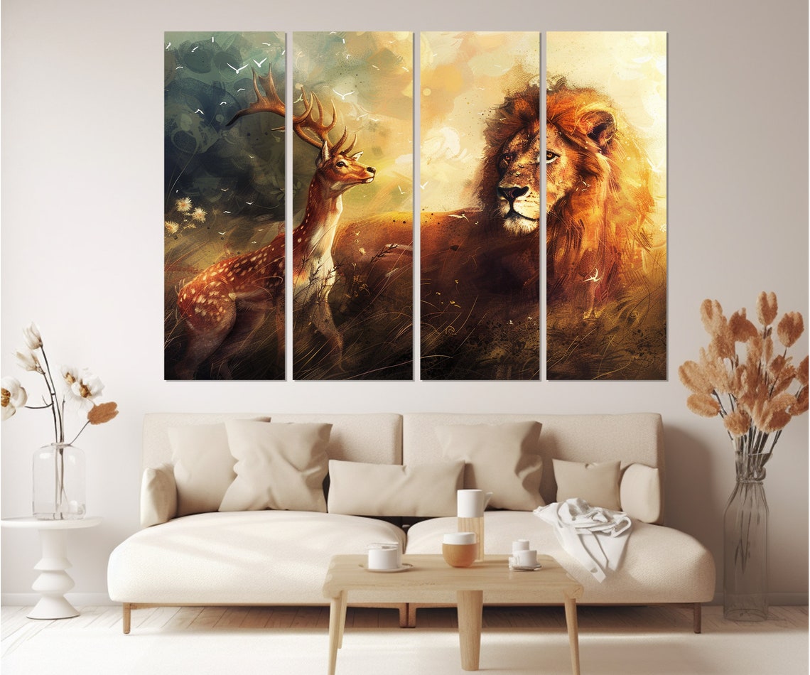 Deer And Lion Friendship Painting Warm Golden Wildlife Wall Poster - Image 2