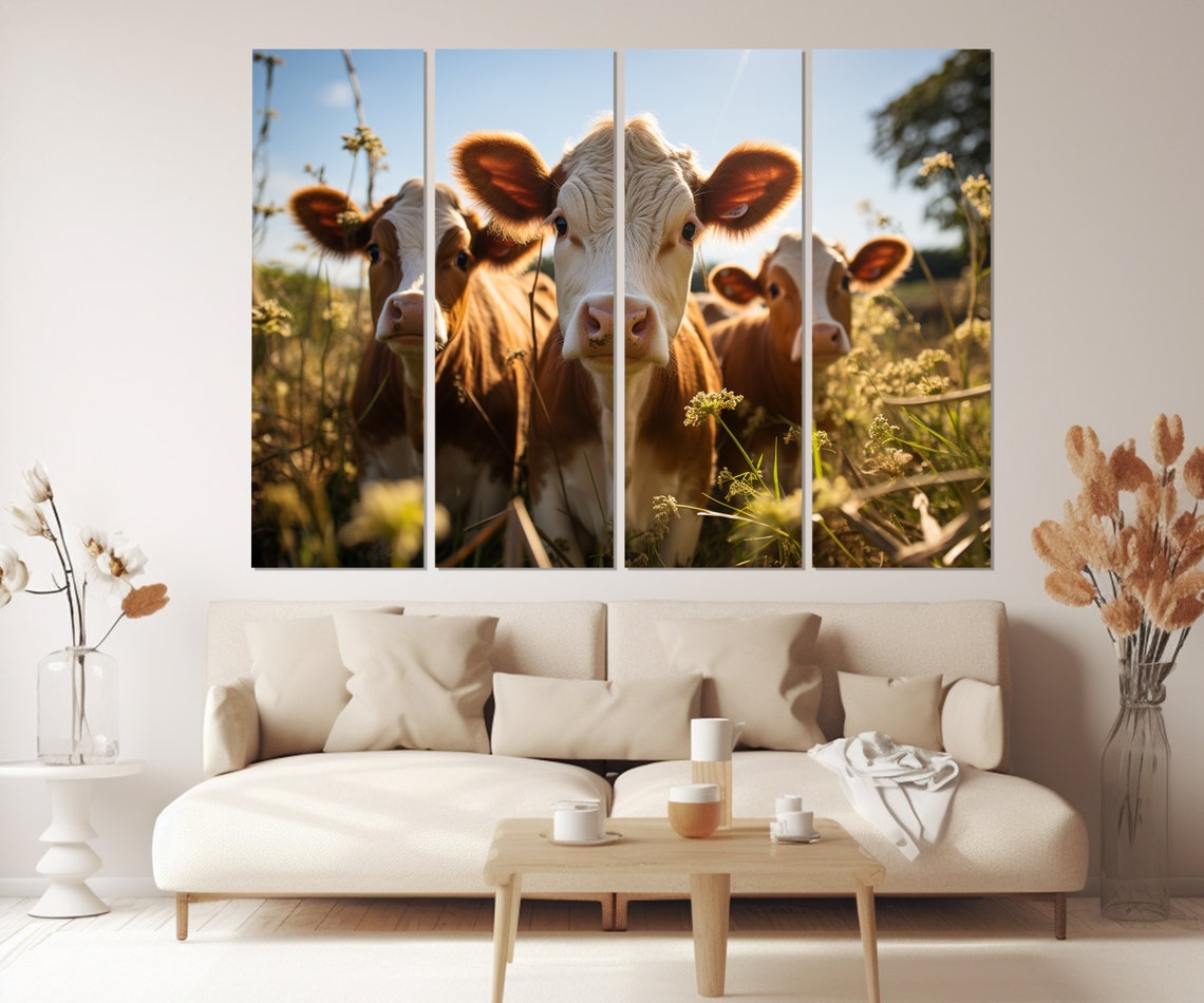 Three Curious Cows In Sunny Meadow Field Farm Photography Wall Poster - Image 2