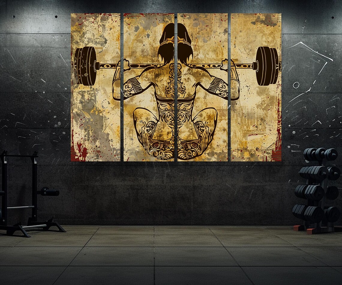 Woman Barbell Squat Tribal Tattoo Vintage Grunge Gym Wall Poster - Image 2