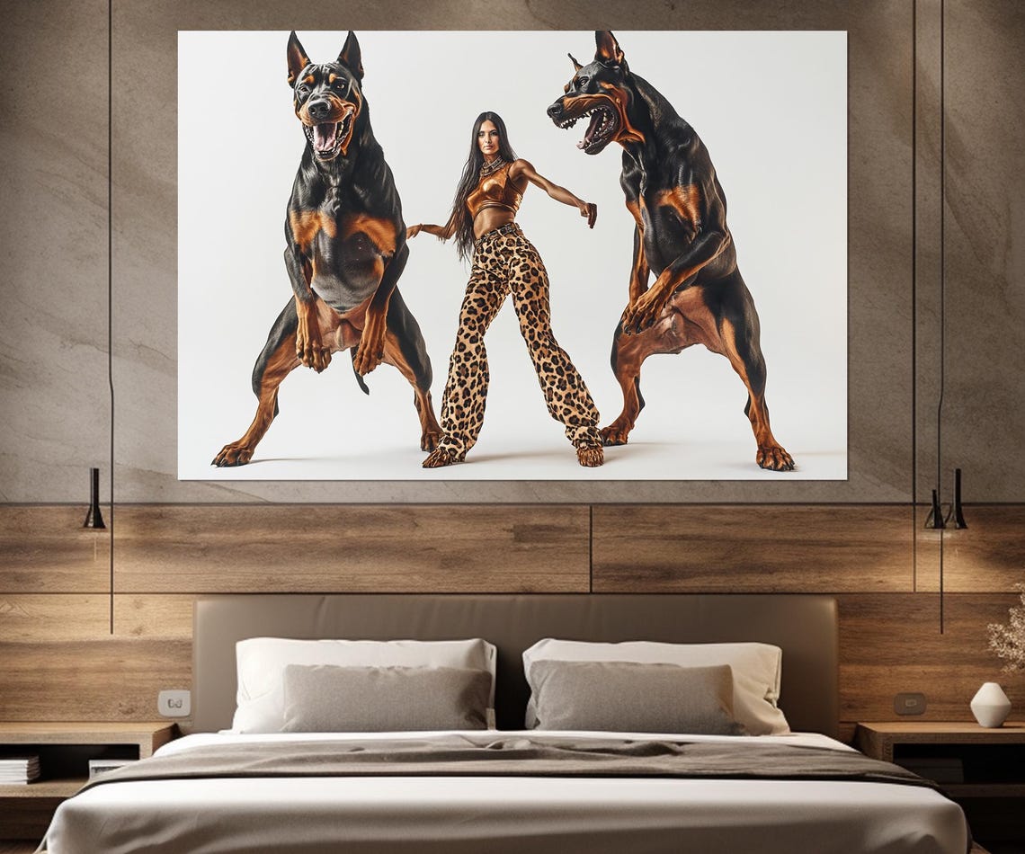 Woman With Two Giant Doberman Dogs Bold Studio Portrait Wall Art Print