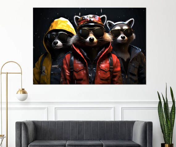 Cool Raccoons in Leather Jackets Sunglasses Funny Teen Room Art Poster