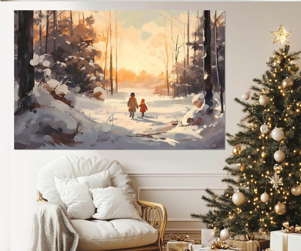 Kids Walking Winter Forest At Sunset Cozy Christmas Painting Wall Art
