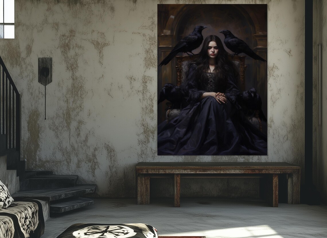 Dark Witch On Throne With Ravens Gothic Fantasy Portrait Wall Art Poster - Image 3