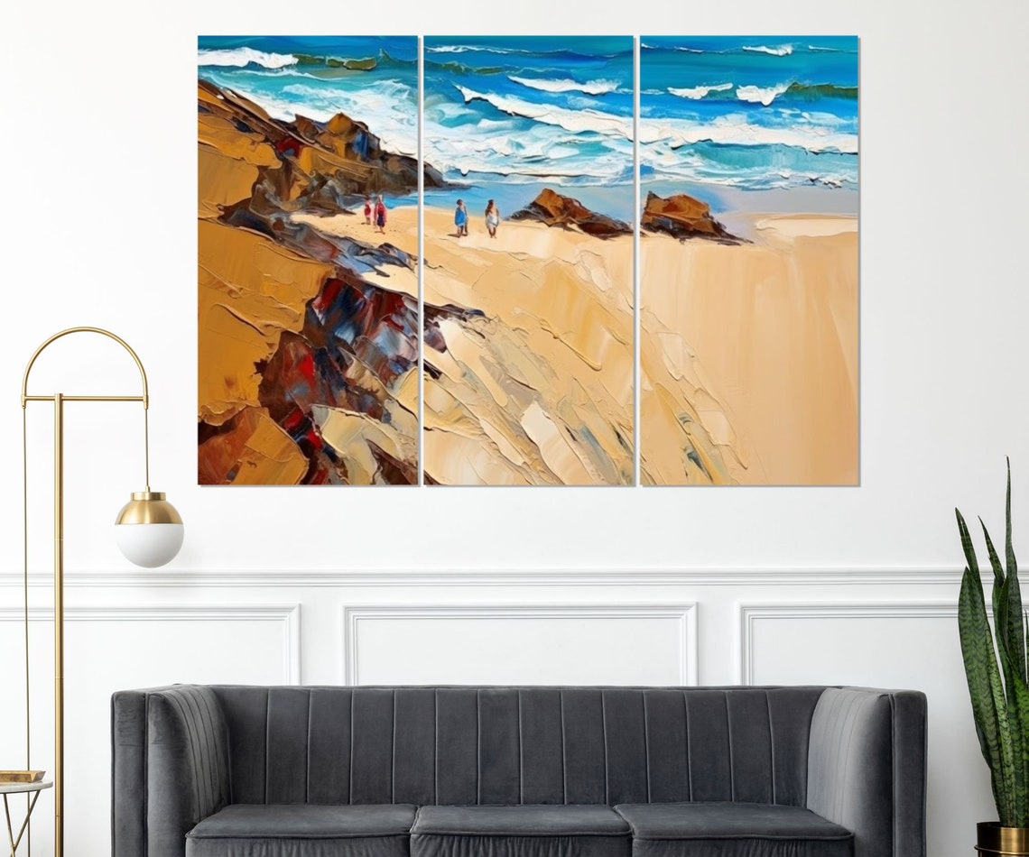 Golden Sandy Beach Turquoise Waves Rocky Cliffs Ocean Art Poster - Image 3