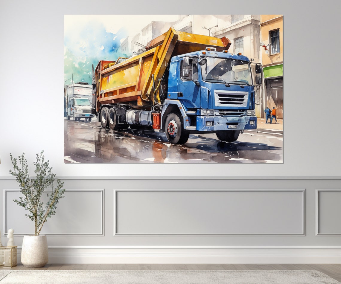 Blue And Yellow Garbage Truck Watercolor City Street Painting Poster