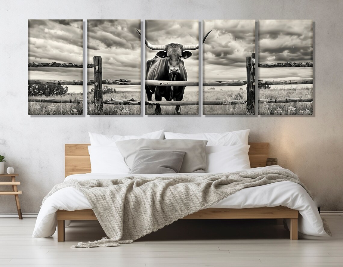 Texas Longhorn Bull Rustic Fence Stormy Sky Black White Farm Poster - Image 3