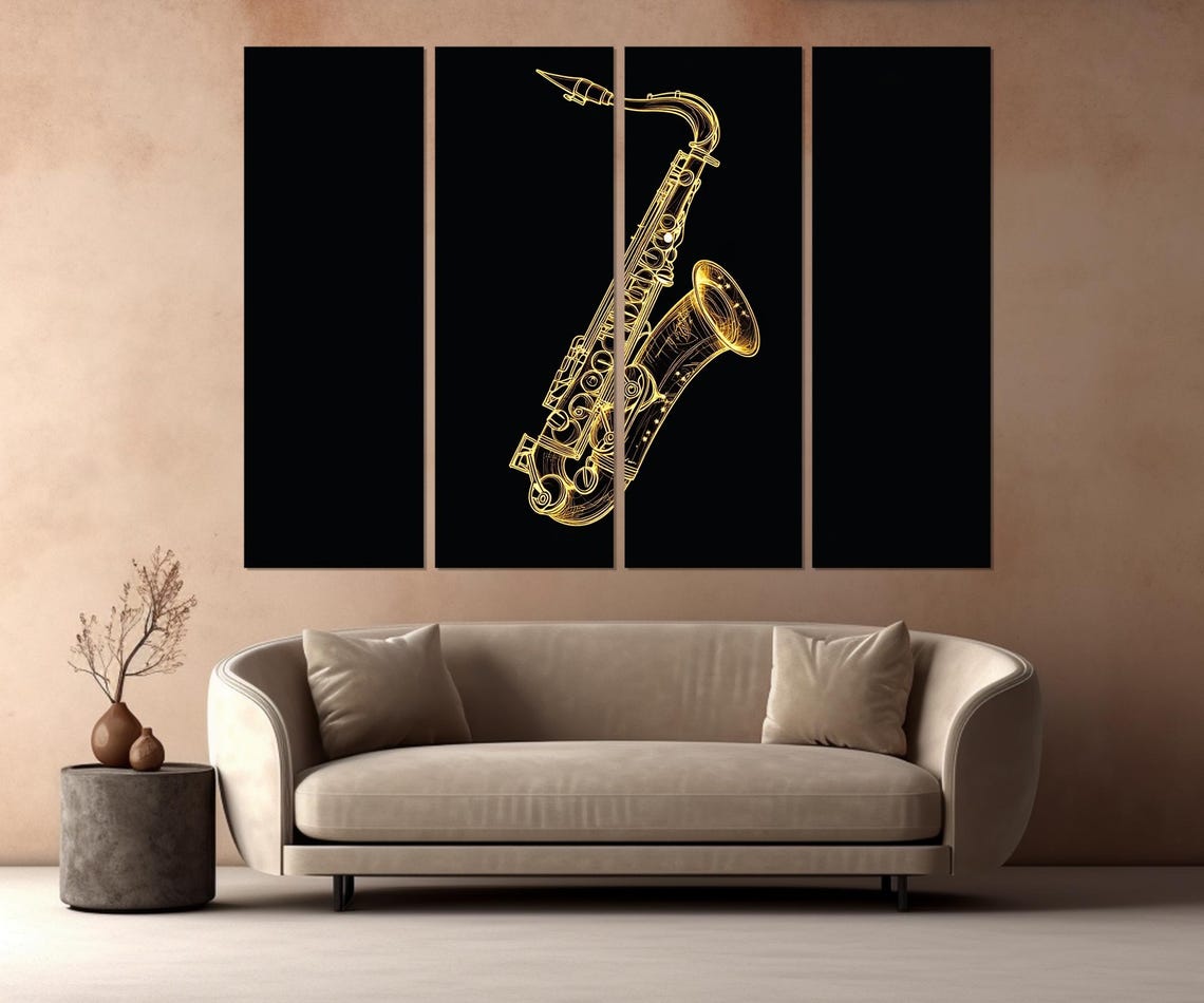 Golden Saxophone Line Art Black Background Jazz Music Wall Poster - Image 2