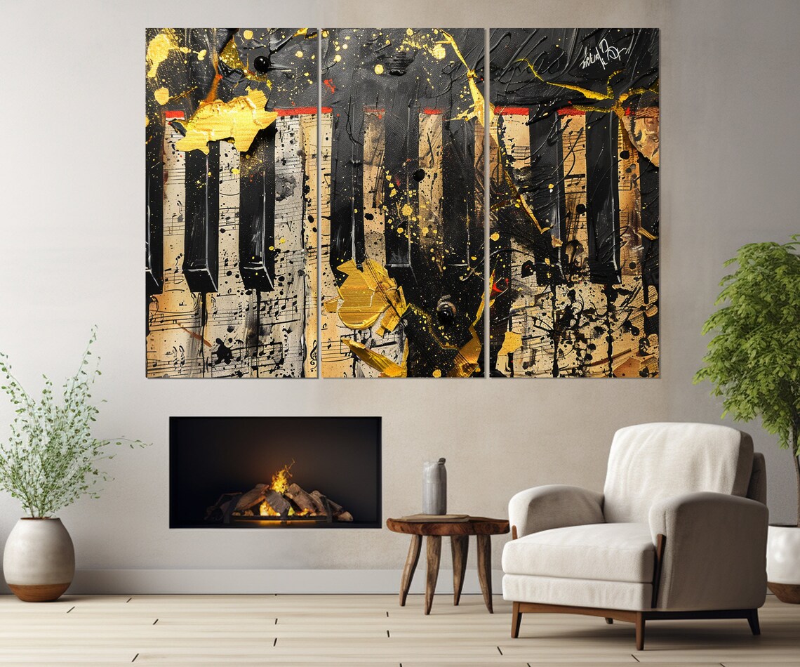 Gold and Black Abstract Piano Keys Painting Sheet Music Jazz Wall Art Poster - Image 4