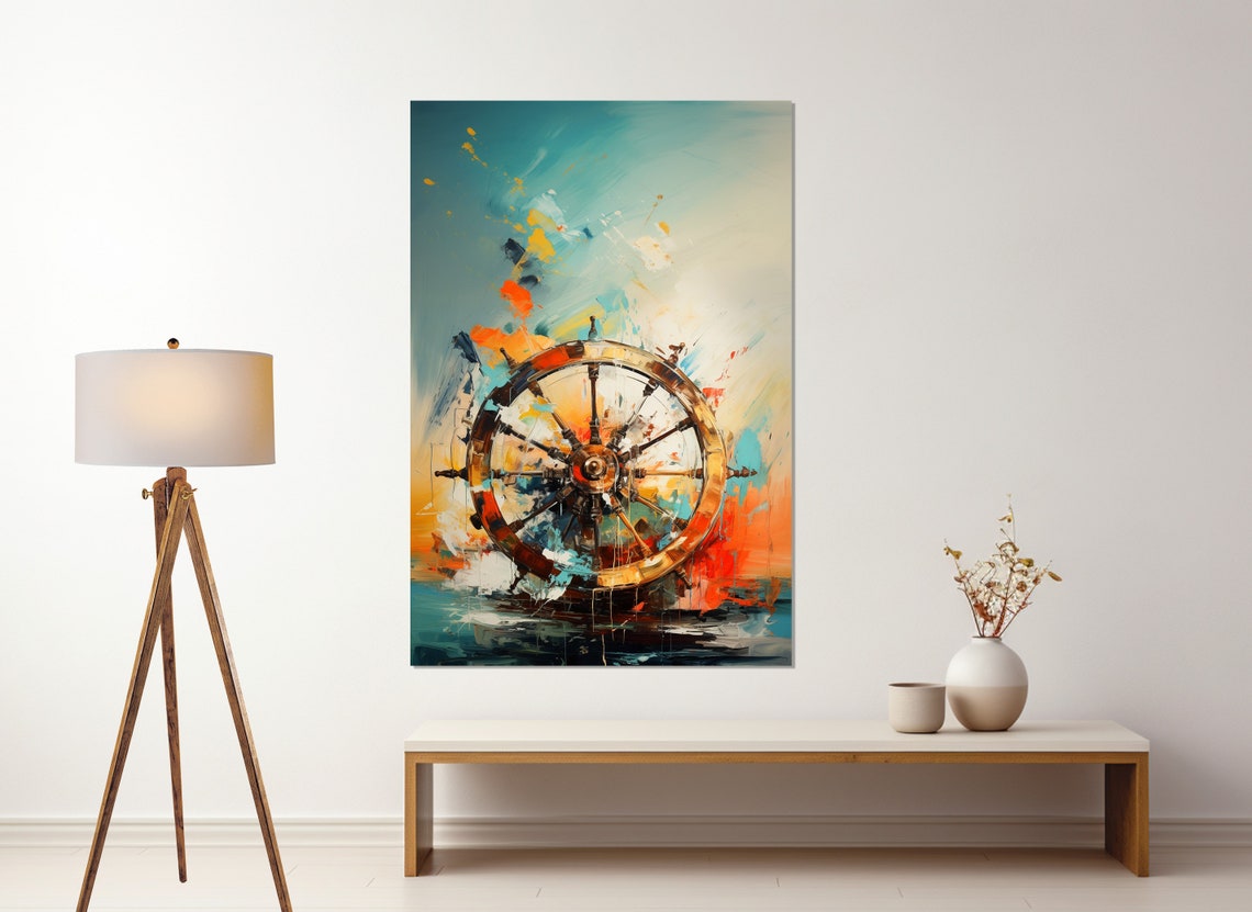 Abstract Ship Wheel Helm Teal Orange Nautical Sailor Modern Art Poster