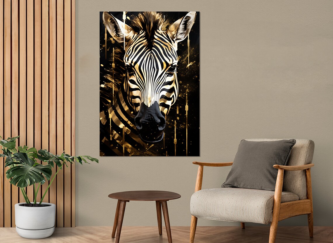Zebra Portrait Black Gold Stripes Dramatic Vertical Wildlife Wall Art Print - Image 2
