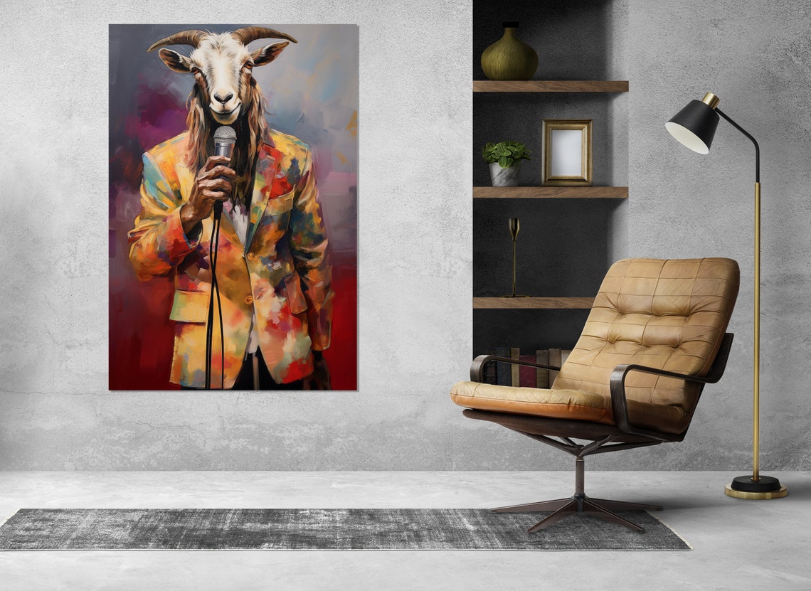 Goat Headed Singer Colorful Suit Microphone Funny Animal Art Poster