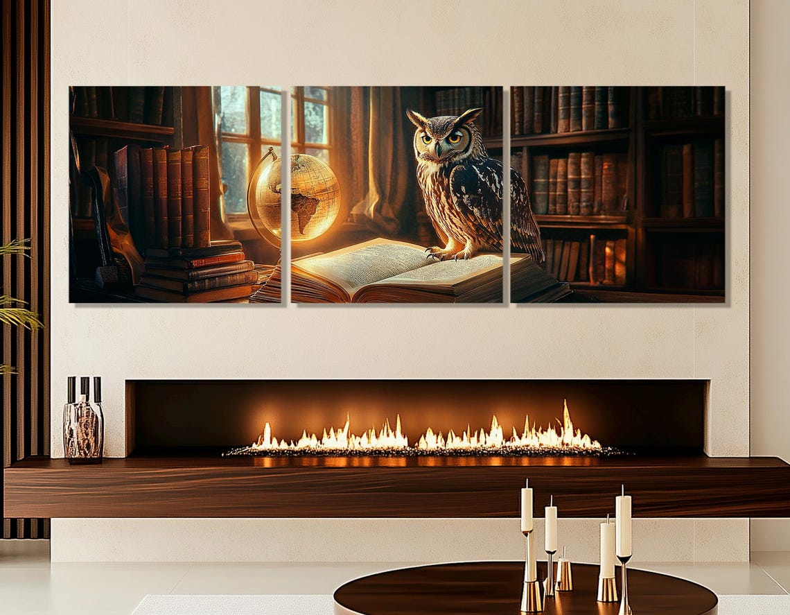 Wise Owl Perched On Open Book Vintage Library Warm Reading Poster - Image 4