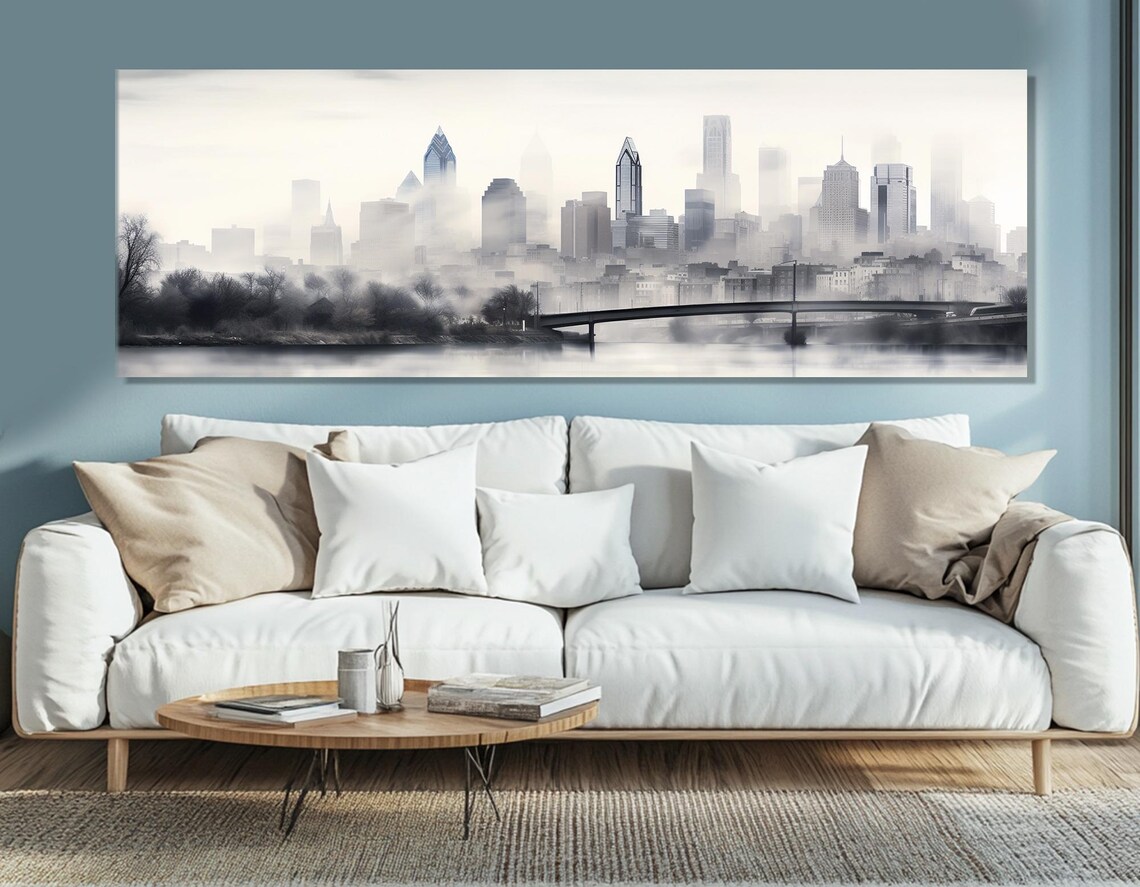 Misty Philadelphia Skyline Foggy Bridge Soft Grey Cityscape Poster