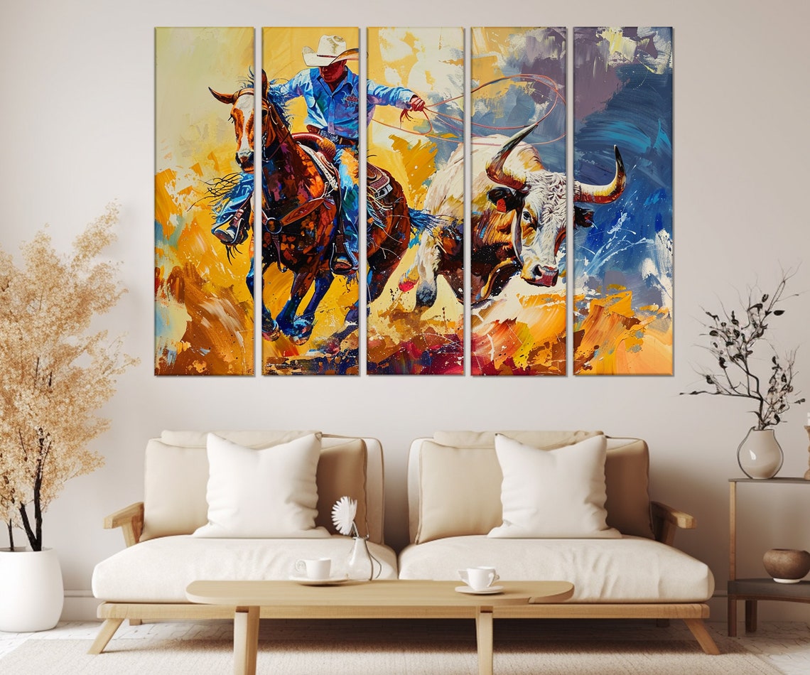 Rodeo Cowboy Roping Longhorn Steer Sunset Golden Dust Wall Poster - Image 2