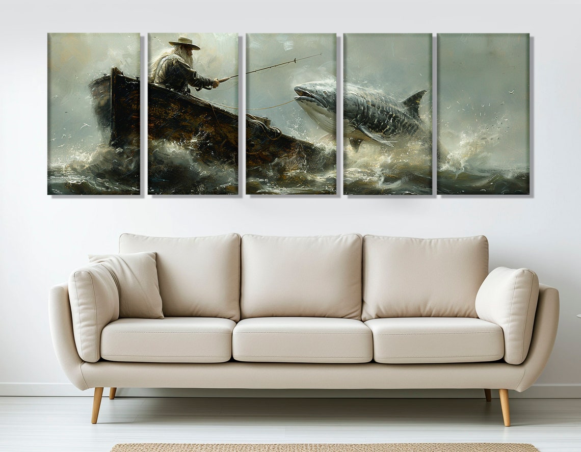 Old Fisherman Boat Stormy Sea Giant Fish Dramatic Ocean Art Poster - Image 2