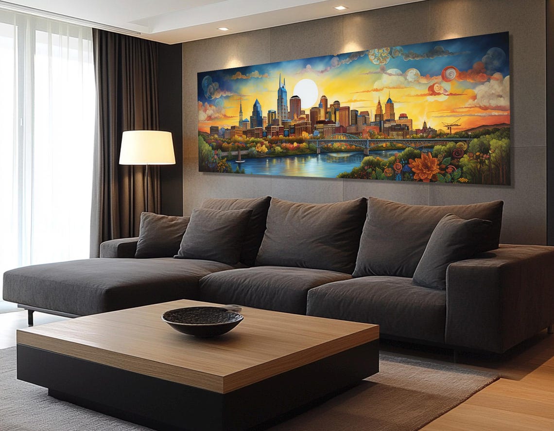 Nashville Skyline Sunset Golden River Painting Panoramic Travel Poster - Image 2