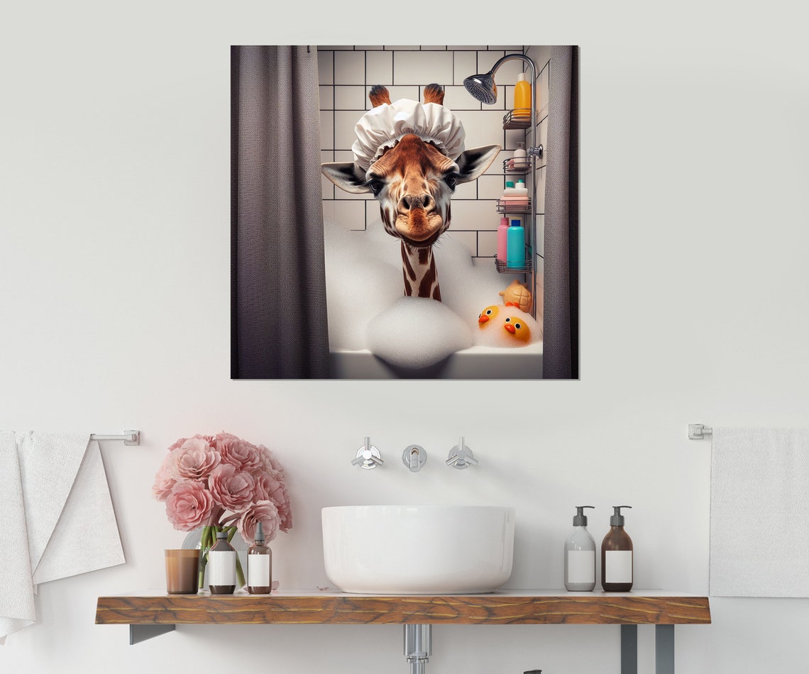 Cute Giraffe With Shower Cap Bubble Bath Rubber Ducks Animal Poster - Image 3
