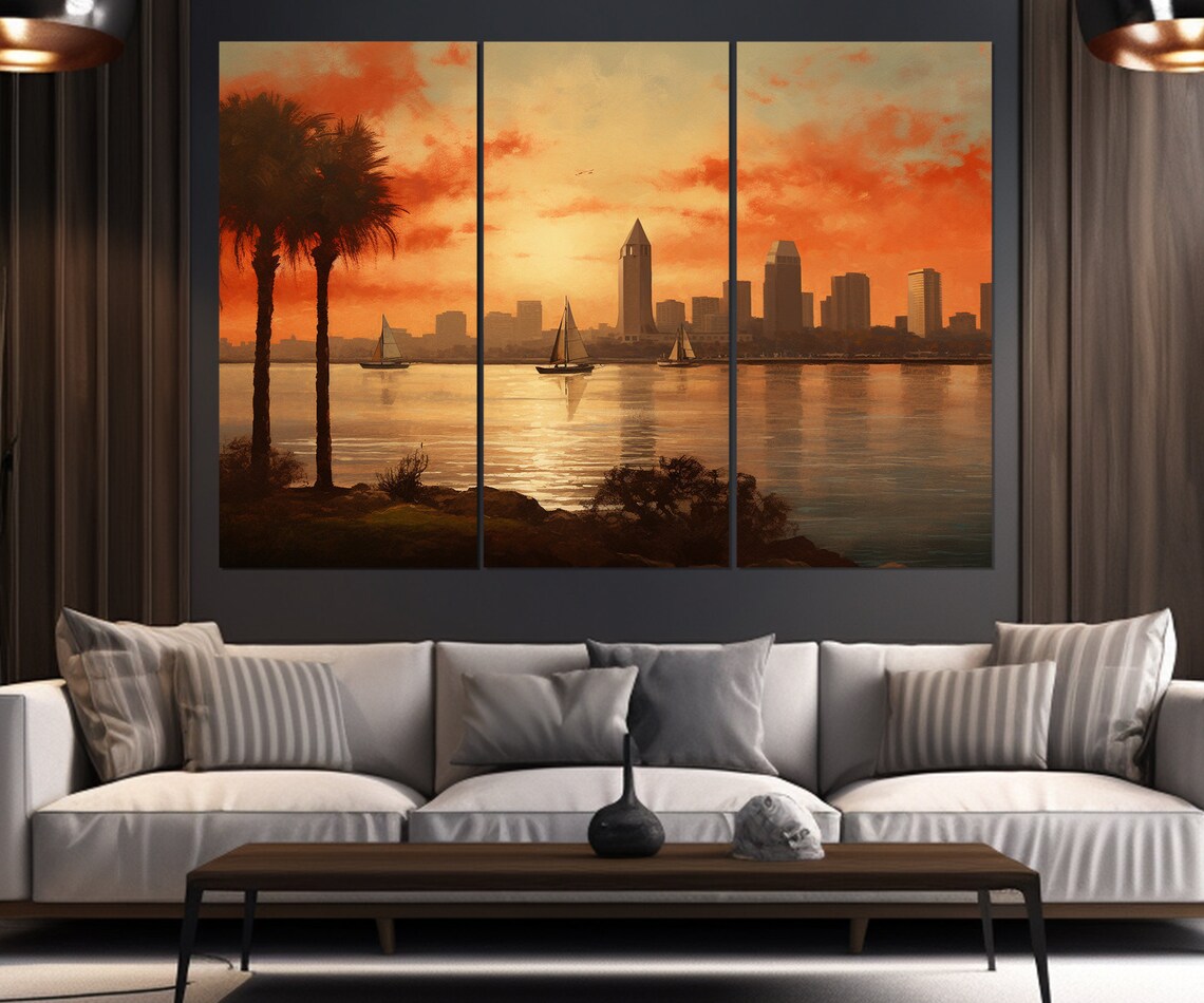 San Diego Skyline Sunset Palm Trees Sailboats Bay View Art Poster - Image 4