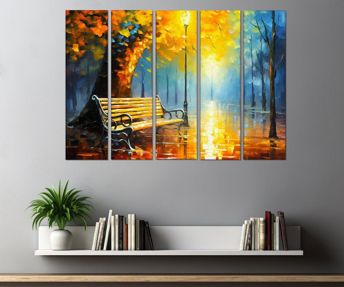 Autumn Park Bench Golden Lamppost Rainy Evening Painting Art Print - Image 2