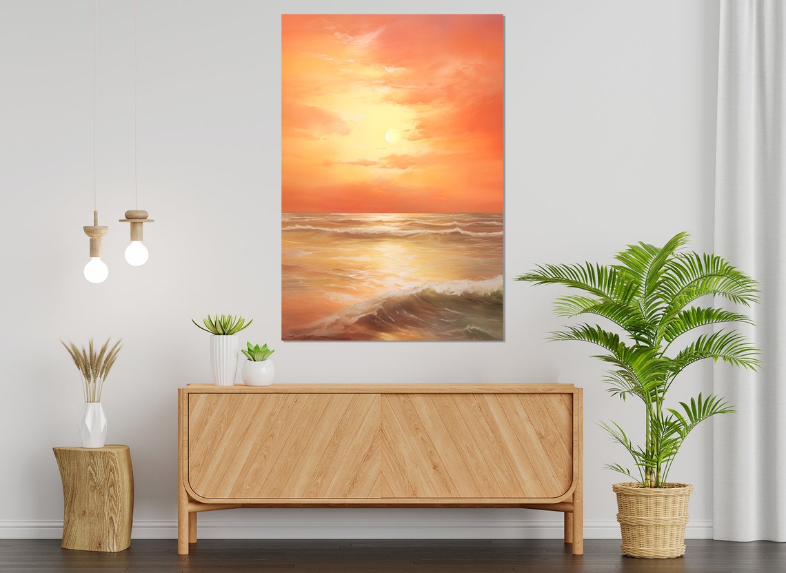 Ocean Sunset Waves Abstract Orange Seascape Vertical Modern Art Poster - Image 2