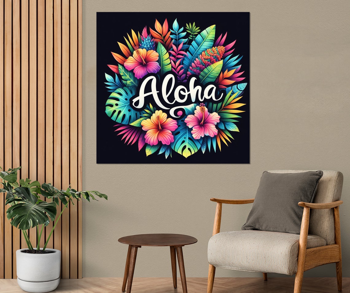 Aloha Neon Hibiscus Wreath Monstera Leaves Black Background Wall Art - Image 2
