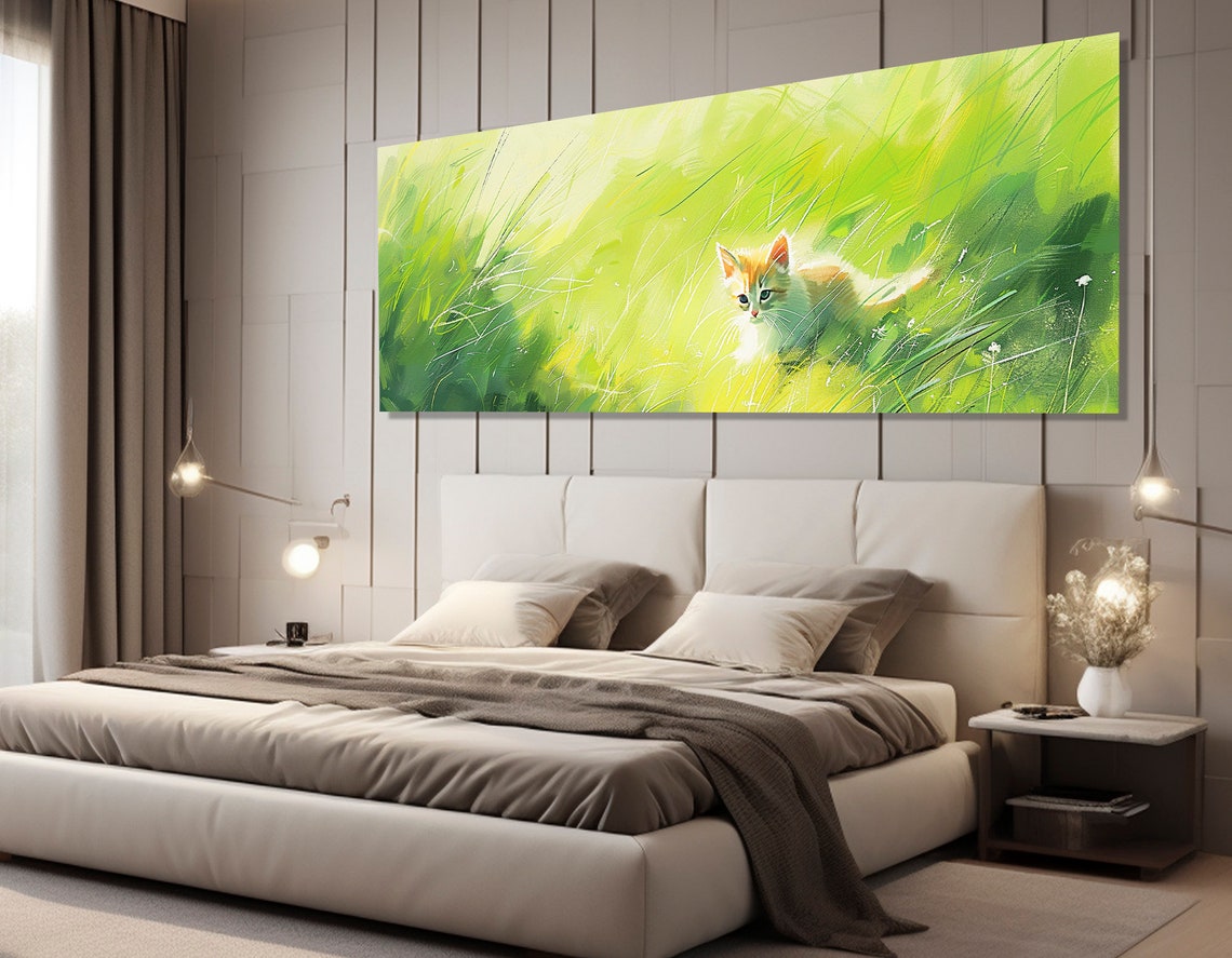 Orange Kitten Tall Green Grass Watercolor Nursery Animal Art Poster - Image 3