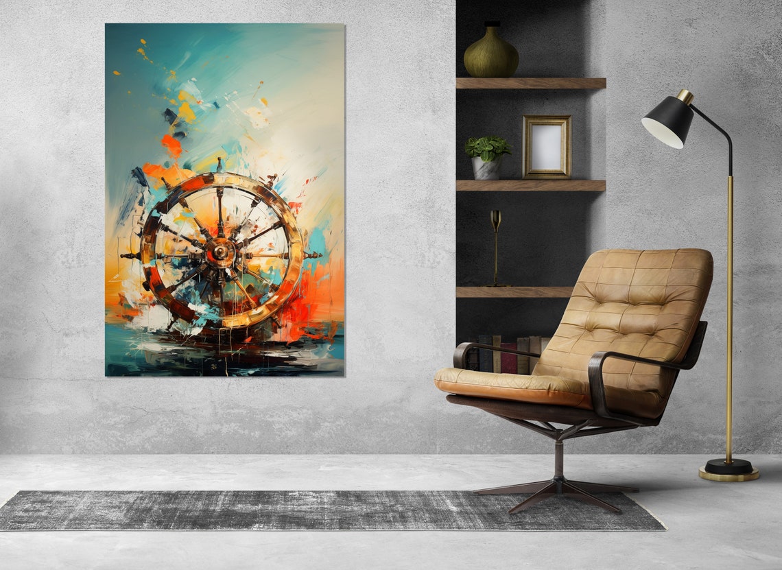 Abstract Ship Wheel Helm Teal Orange Nautical Sailor Modern Art Poster - Image 4