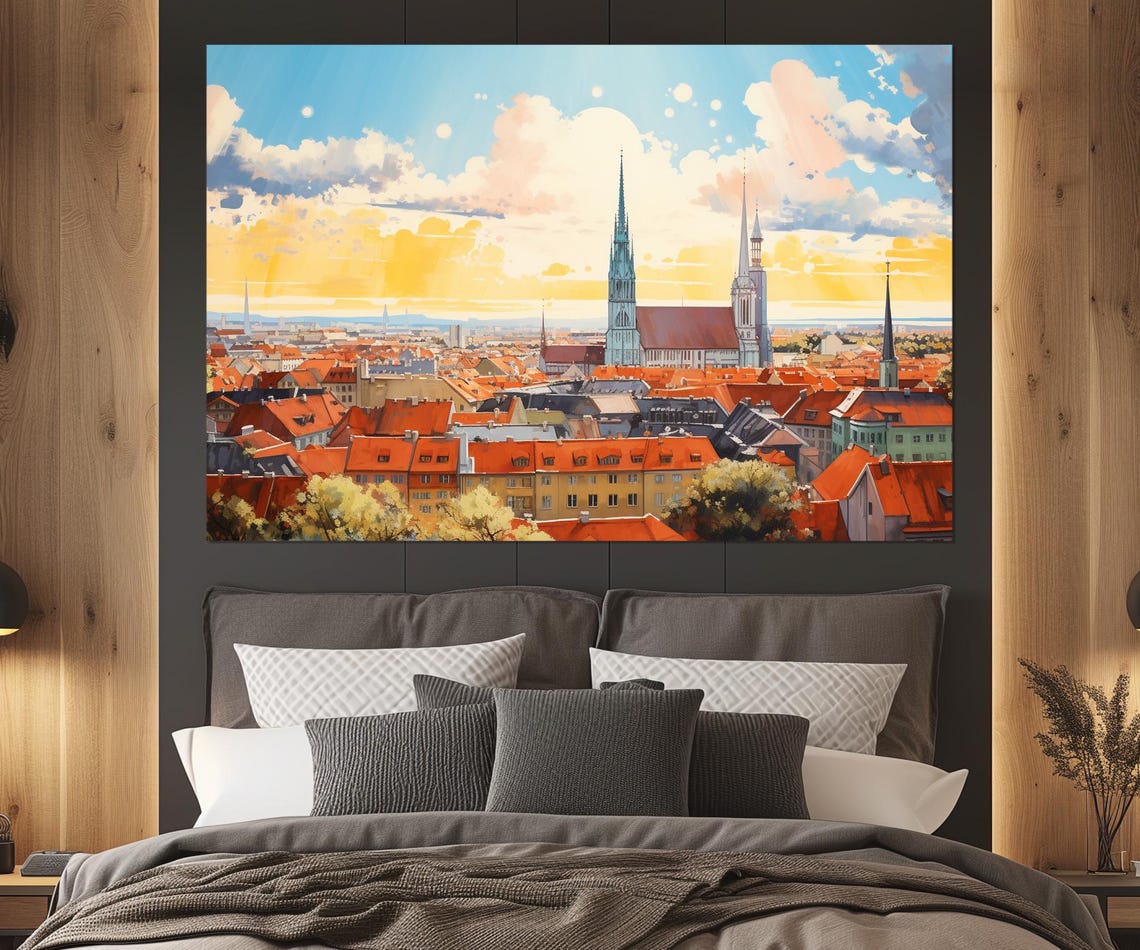 Zagreb Croatia Old Town Skyline Cathedral Towers Sunset Travel Poster