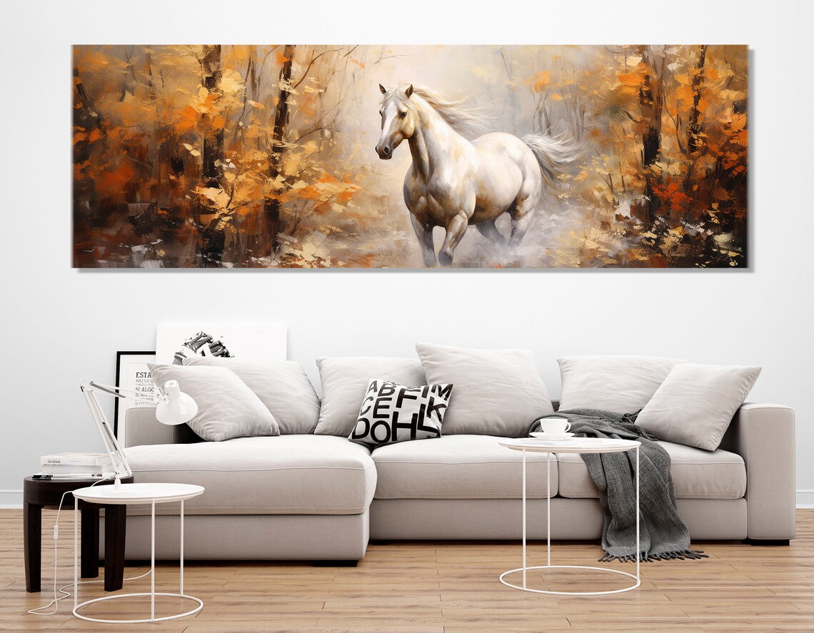 White Horse in Autumn Forest, Horse Art Print