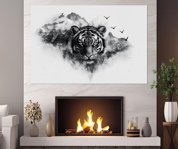 Tiger Face Misty Mountains Black White Ink Art Portrait Wall Poster