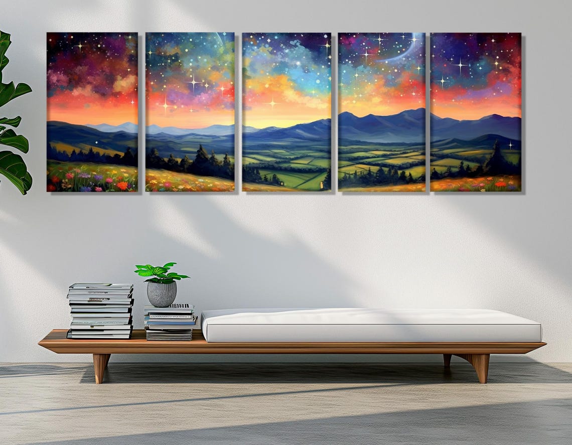Starry Galaxy Night Sky Over Mountain Valley Meadow Panorama Poster - Image 3