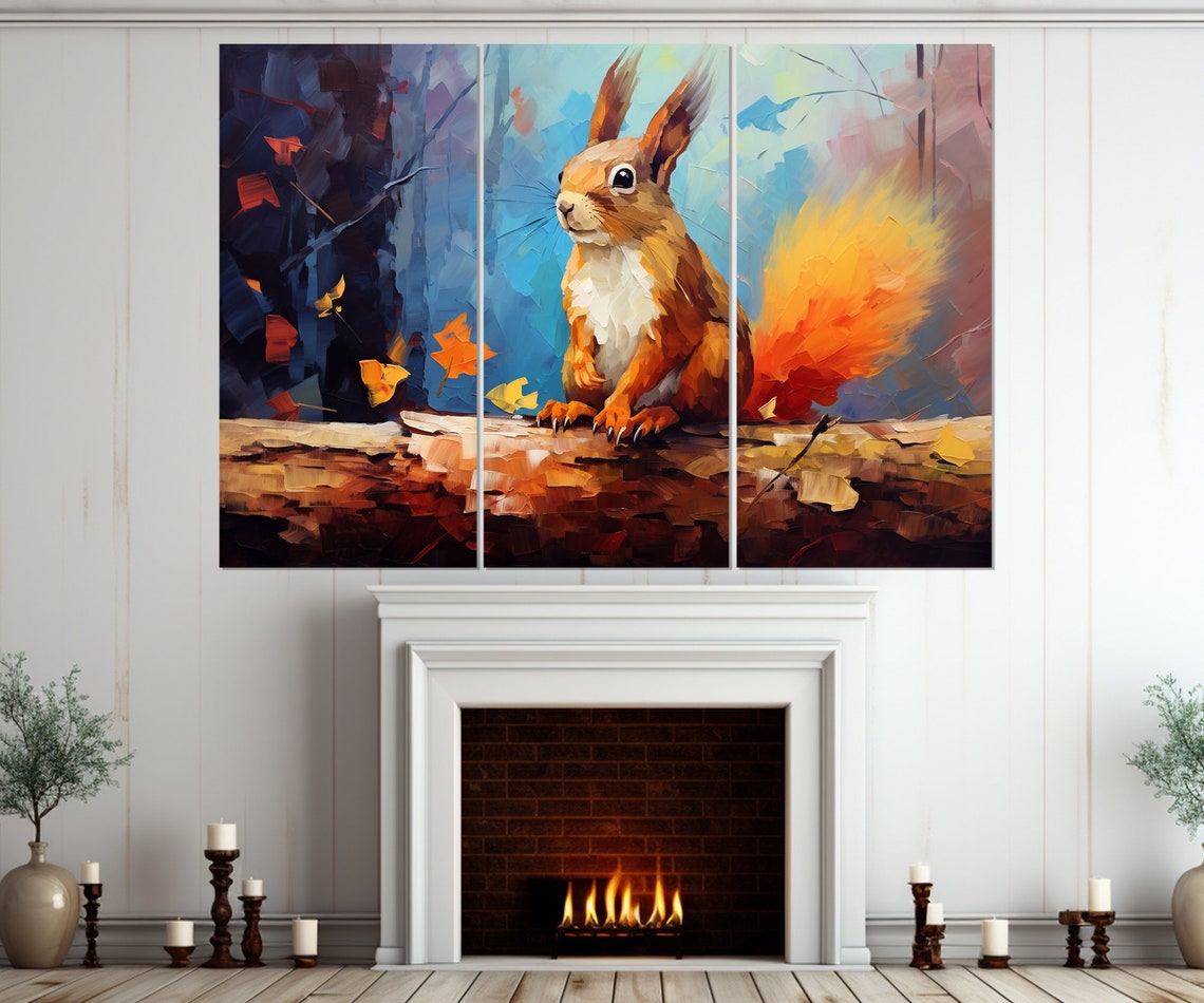 Red Squirrel Sitting On A Log In An Autumn Forest Impressionist Poster - Image 4