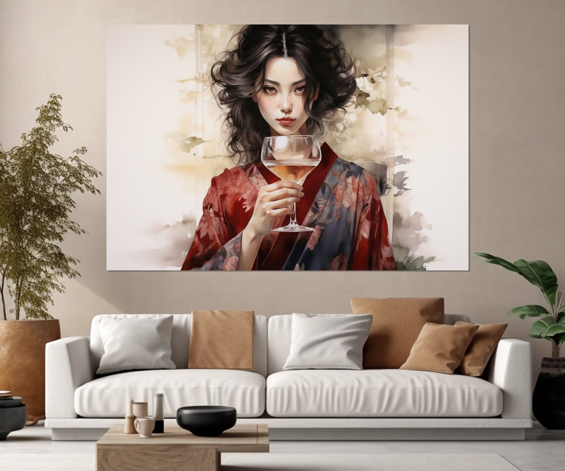 Asian Woman In Kimono With A Glass Of Wine Painting Asian Print Japanese Wall Art Framed And Ready To Hang