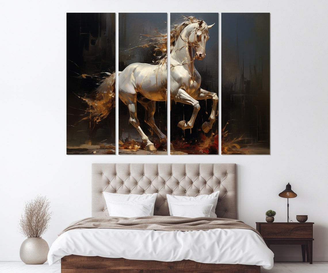 Majestic White Horse Galloping Dark Dramatic Golden Mane Art Poster - Image 4