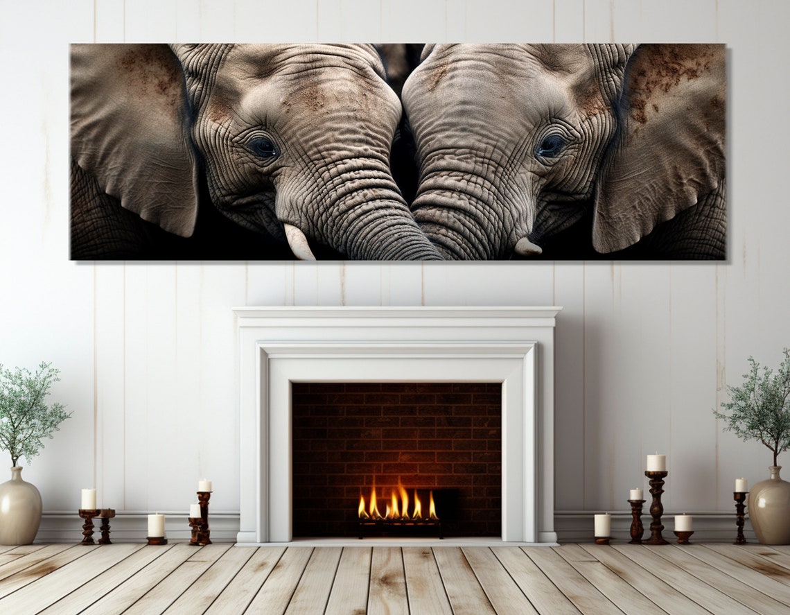 Two Elephants Close Up Trunks Touching Dramatic Black Art Poster - Image 2