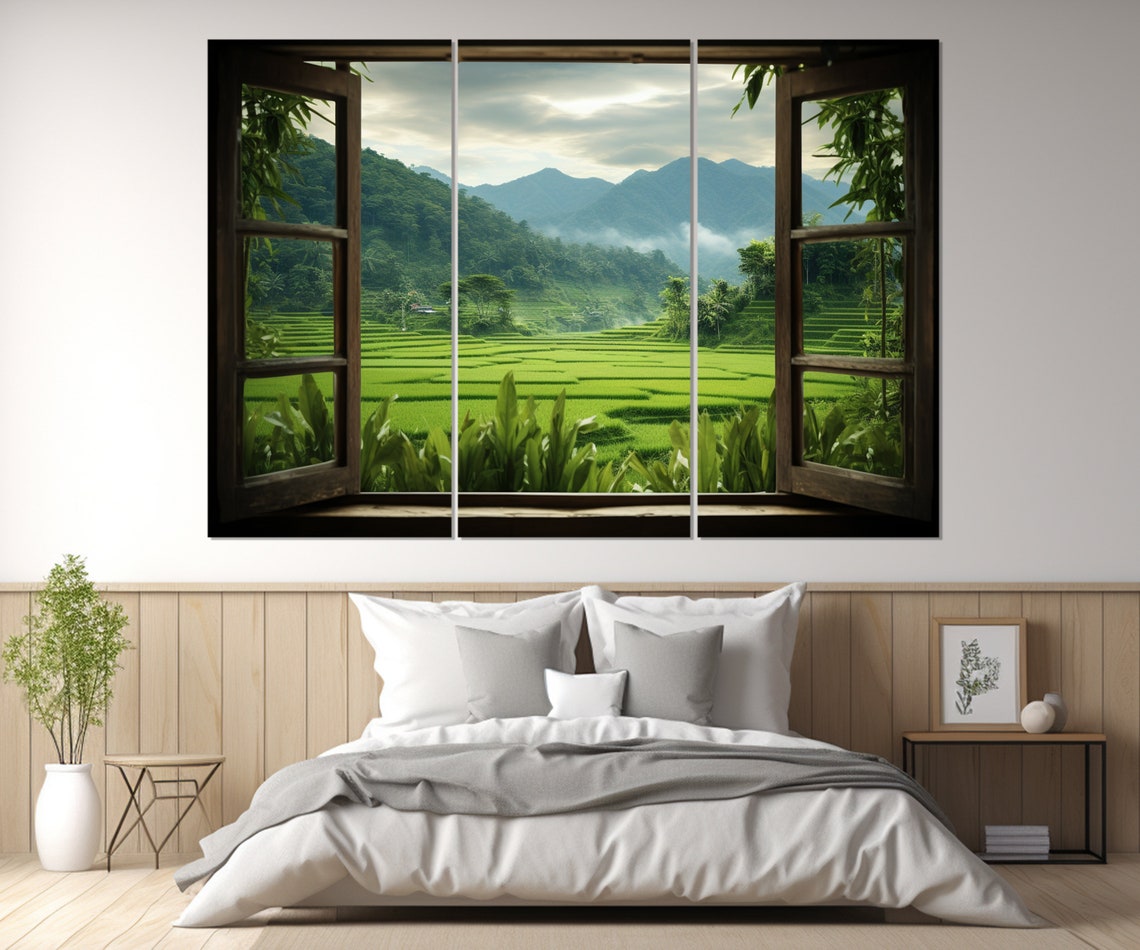 Green Rice Terraces Open Window Misty Mountains Asian Landscape Poster - Image 2