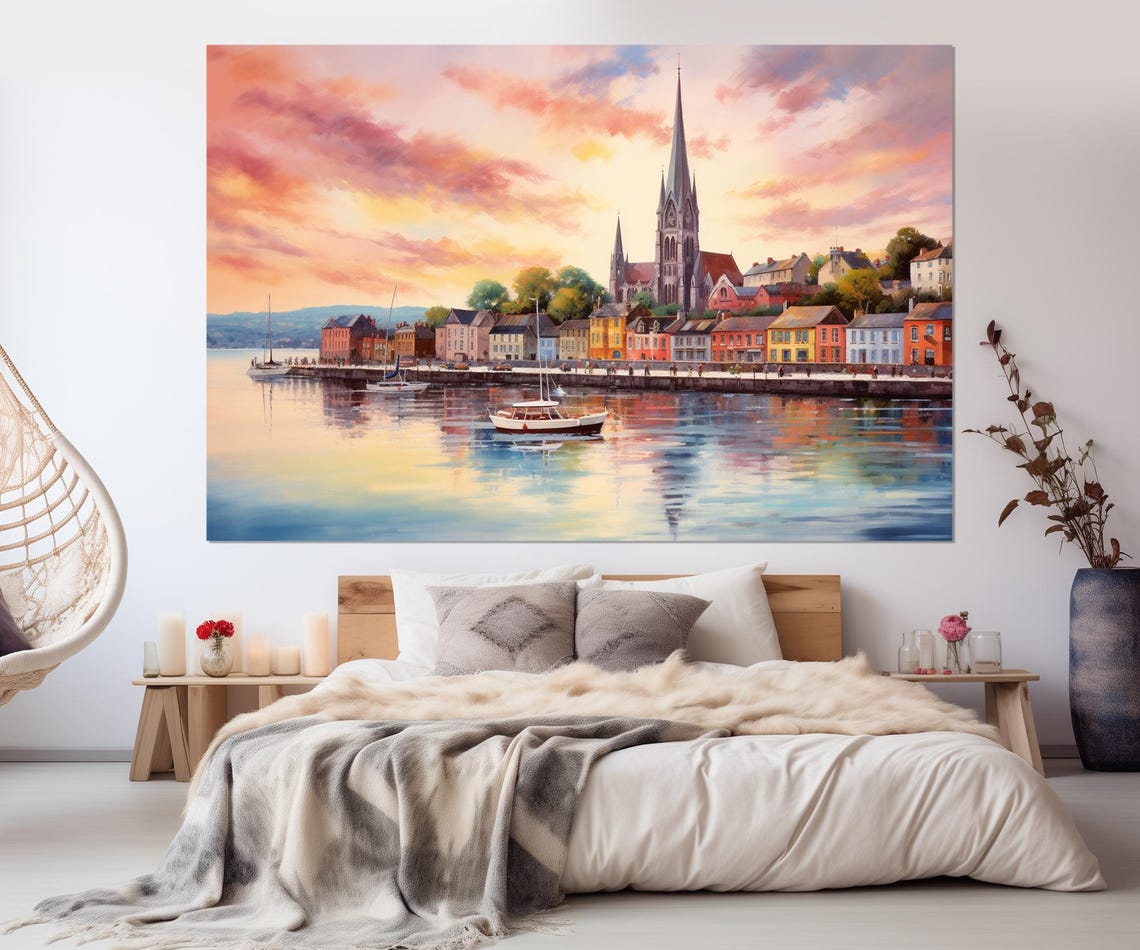 Cobh Ireland Cathedral Harbor Waterfront Sunset Boats Wall Poster