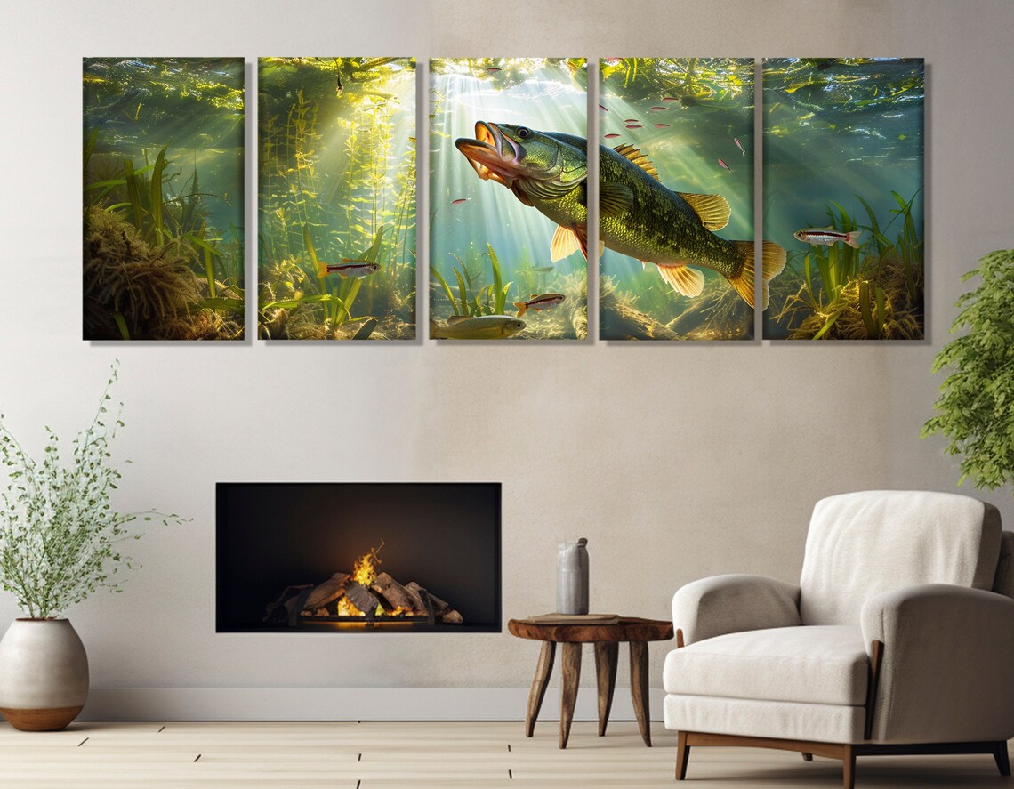 Largemouth Bass Underwater Sunbeams Green Weeds Fishing Wall Art Print - Image 2