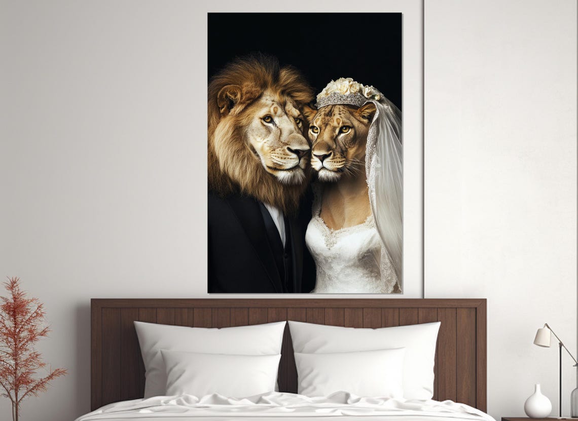 Lion Couple Wedding Portrait Tuxedo Bride Funny Animal Romance Poster - Image 4