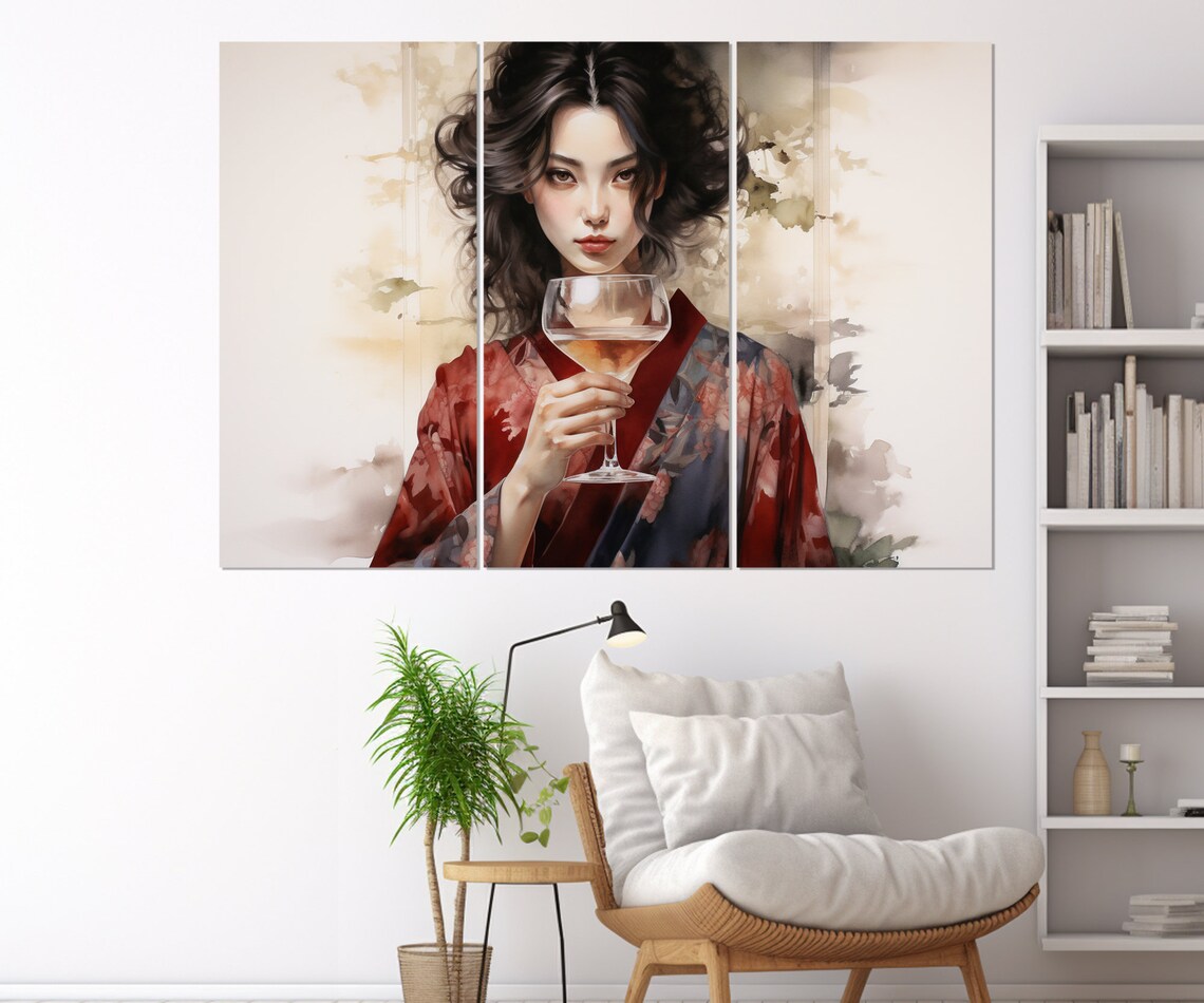 Asian Woman In Kimono With A Glass Of Wine Painting Asian Print Japanese Wall Art Framed And Ready To Hang - Image 4