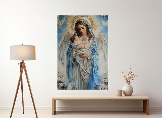 Madonna And Child Angel Wings Roses Heavenly Catholic Painting Poster